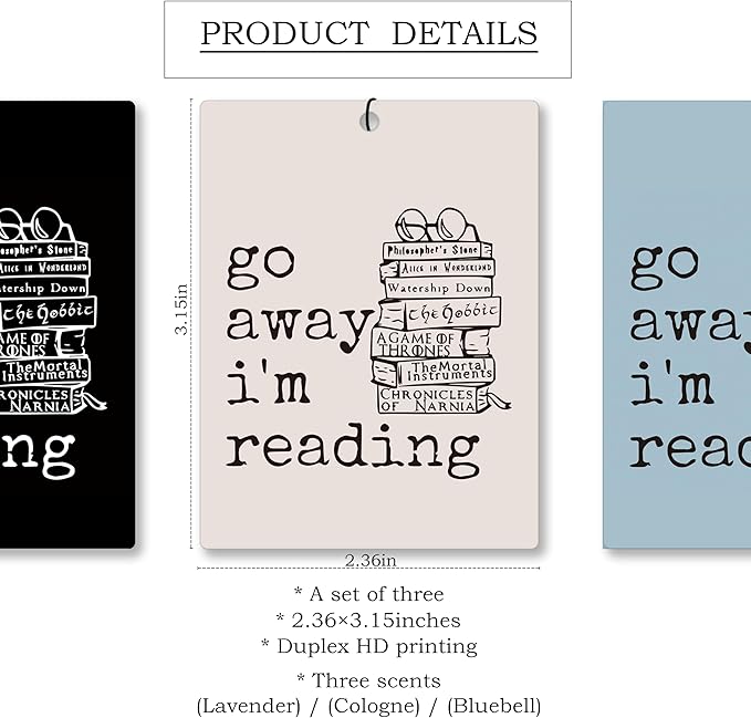 Mancheng-zi Book Lover Car Air Freshener 3Pcs, Book Reading Room Nook Library Bookish Air Freshener Hanging for Cars Closet Drawer or Books, Go Away I'm Reading Car Accessories Mirror Decor for Women