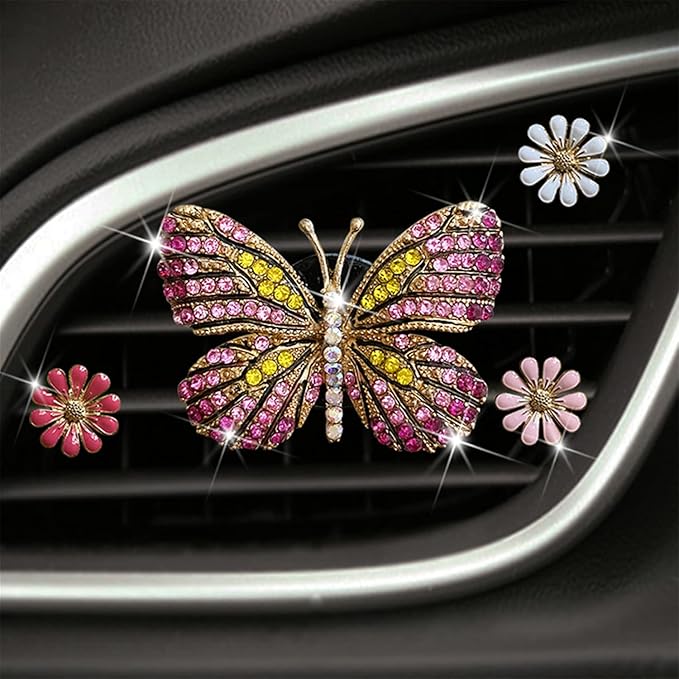 Bling Butterfly Car Clip Decor Interior，Cute Car Vent Clips Dashboard Decorations, Car Accessories Air Aromatherapy Vent Clip,Car Air Freshener Vent Clips, Rhinestone Car Accessories for Girls Womens Car Interior Decoration Cute Set (Pink Butterfly + 3...