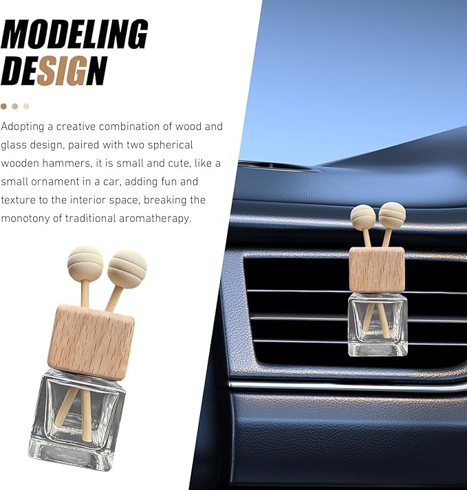 4 PCS Car Diffuser Air Freshener Bottles, Refillable Empty Glass Essential Oil Diffuser Vent Clip & Wooden Caps Sticks, Universal Aromatherapy Diffusers for Most Vehicles (Square)