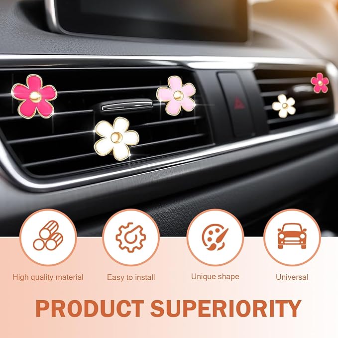 6PCS Car Air Vent Clip, Cute Daisy Air Conditioning Outlet Clip, Car Flower Air Freshener Clip, Auto Interior Decor Accessories for Women and Girls (Rose red-Pink-White, 6PCS)