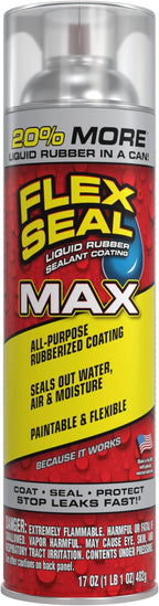 Flex Seal MAX, 17 oz, 1-Pack, Clear, Stop Leaks Instantly, Waterproof Rubber Spray On Sealant Coating, Perfect for Gutters, Wood, RV, Campers, Roof Repair, Skylights, Windows, and More
