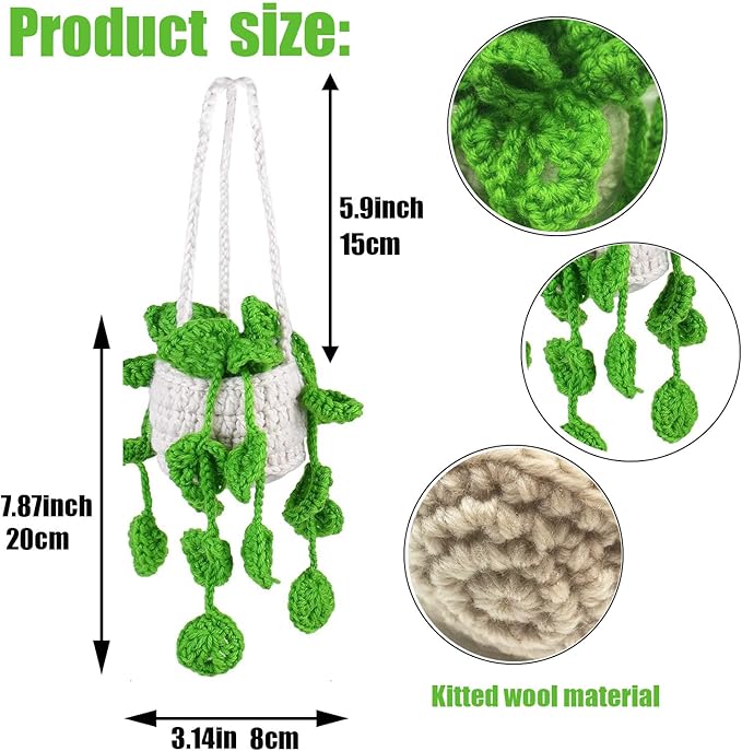 Car Hanging Ornament Knitted Boho Plant for Decor,Cute Crochet Car Hanging Plant Basket Ornament Rear View Mirror Decoration Accessories
