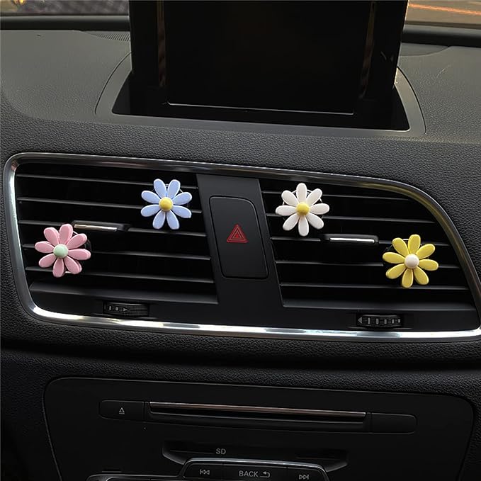 4 Pieces Daisy Flower Air Vent Clips, Cute Colorful Car Air Freshener Clip & Diffuser, Boho SUV Outlet Vent Decorations, Charm Car Inter Decor Accessories for Girls Women