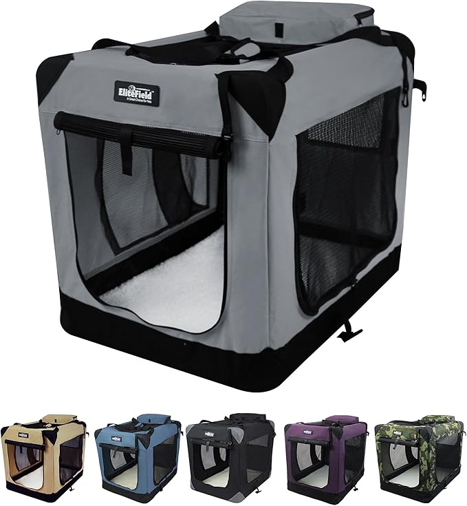 EliteField 3-Door Folding Soft Dog Crate with Carrying Bag and Fleece Bed (2 Year Warranty), Indoor & Outdoor Pet Home (24" L x 18" W x 21" H, Light Gray)