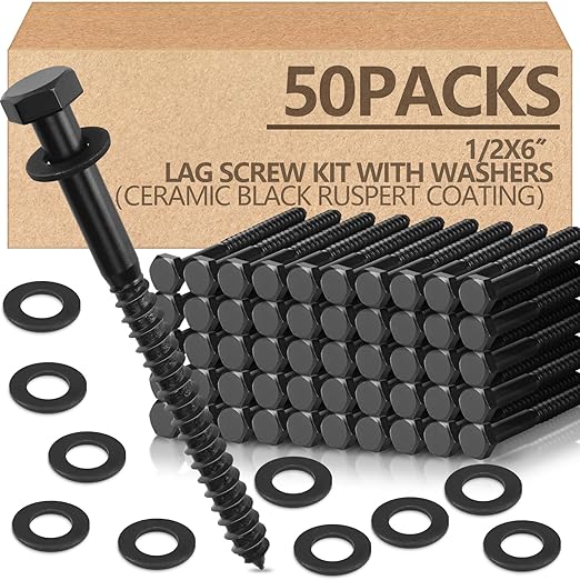 Tandefio 50 Pack 1/2''x 6'' Ceramic Black Lag Screw Kit with Washers Hex Lag Bolts Wood Screws Heavy Duty Ruspert Coating Hot Dip Galvanized Double Layer for Wood Decks Fences