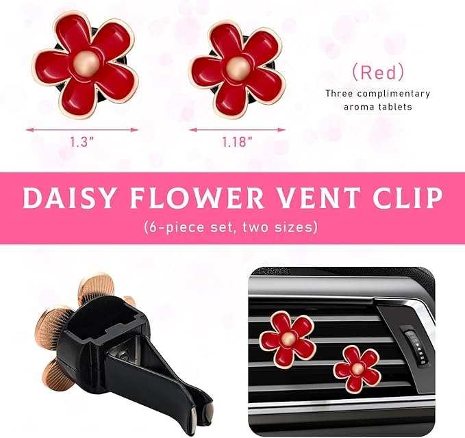 6PCS Car Air Vent Clip, Daisy Flower Auto Scents Air Freshener Clip with 6 Fragrance Piece, Decorative Auto Air Conditioning Clip for Women Girl, Universal Car Accessories (Red)