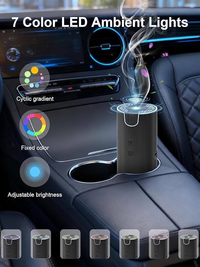 100ML Car Diffuser, USB Rechargeable Battery Operated, Cordless Portable Essential Oil Diffuser with 7 LED Color Lights, 2 Timer Modes