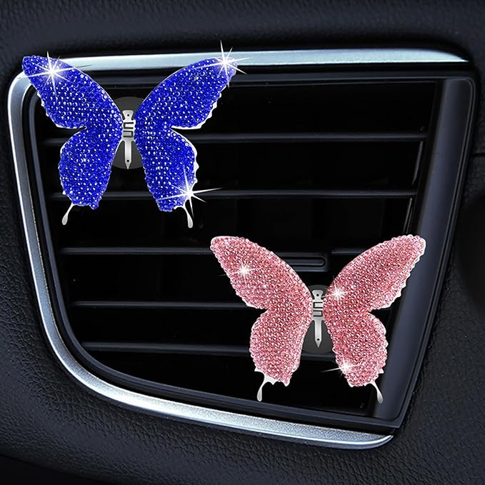 Dotesy 2 Pack Bling Bling Butterfly Air Vent Clips Crystal Butterfly Car Air Fresheners Vent Clips Diamond Cute Car Interior Decor for Women (Blue)