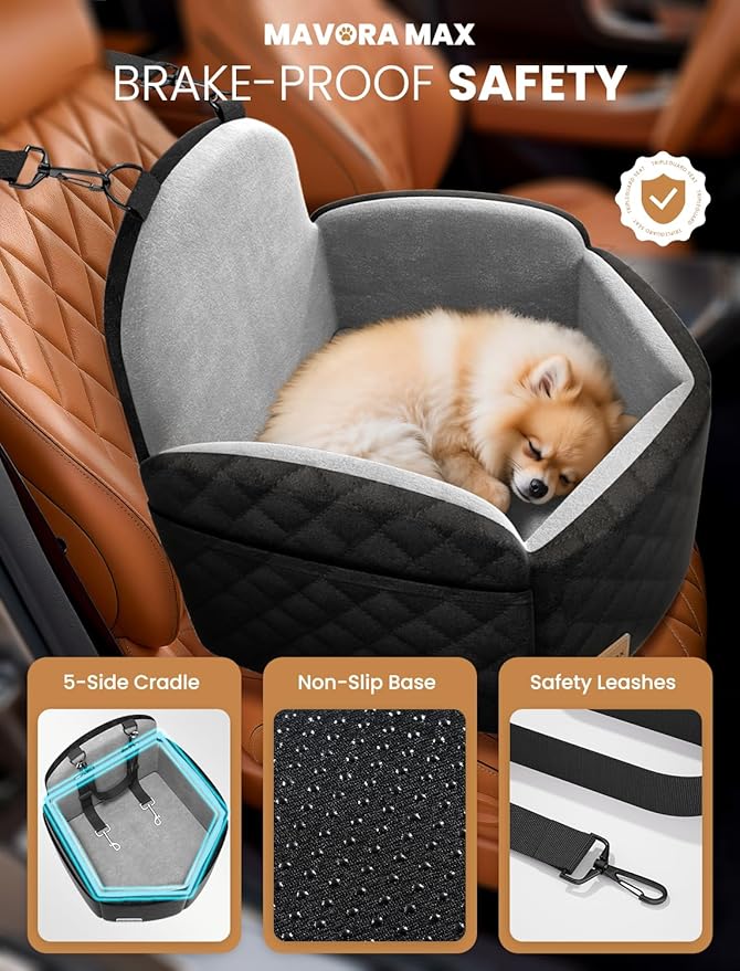 Dog Car Seat for Small/Medium Dogs, Memory Foam Puppy Car Seat Elevated Dog Booster Seat Up to 35 lbs, Fully Detachable Washable, Travel Safety Pet Car Seat with Storage Pockets (Black/Grey)