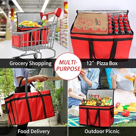 CIVJET 2-Pack Insulated Food Delivery Bag with Hard Bottom, XXX-Large Commercial Food Warmer, Insulated Reusable Grocery Cooler/Hot Bags, Tote Bag for Shopping/Travel, Red