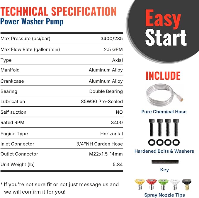 YAMATIC 3/4" Shaft Horizontal Pressure Washer Pump 3400 PSI @ 2.5 GPM Replacement Pump, Replacement Pump Compatible with Homelite, Troybilt, Simpson, Honda GC160 GC190 and More