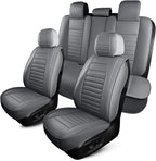 Leather Car Seat Covers, Waterproof Horizontal Stripes Front and Rear Car Seat Cover, Breathable Automotive Seat Covers for Sedan SUV Pick-up Truck (5 PCS Full Set, Grey)