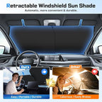 Retractable Windshield Sun Shade Automatic Sunshade for car with 99% UV Heat Protection, 420D Fabric Keep Cool & Protect Interior, Universal Adjustable Fit for Cars Trucks SUVs (Not for Large Trucks)