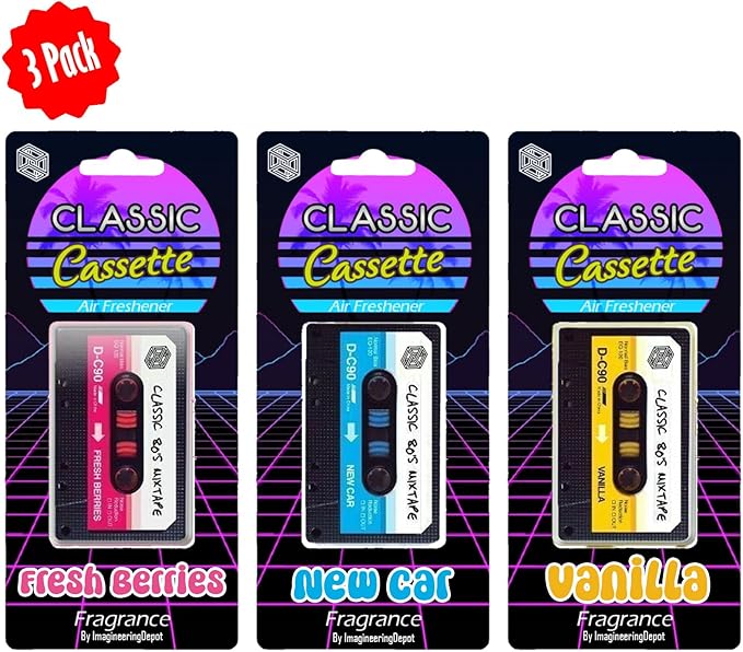 Retro Cassette Car Air Freshener 3 Pack by ImagineeringDepot - Novelty Audio Tape Design, 90s Gifts, New Car Scent, Vanilla Scent, Crystal Ice Scent, Long-Lasting Freshness, Classic Gift