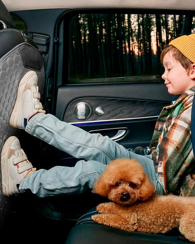 Owleys 2-in-1 Car Interior Guard Bundle | Eco Leather Seat Covers | Kick Mat and Protector | Premium Waterproof Road Trip Child Shield | Holiday for SUV Sedan Truck | Luxury Gray