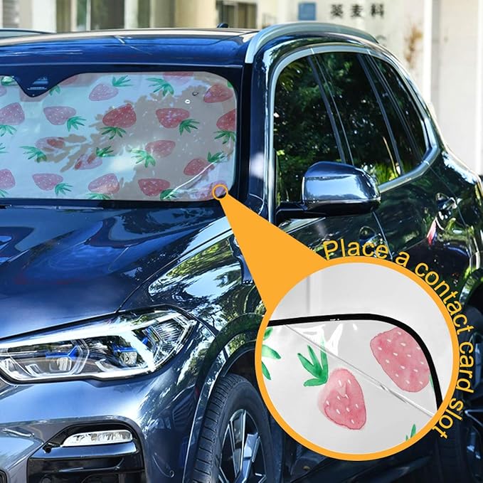 Fresh Strawberry Car Windshield Sun Shade Cute Pink Fruit Foldable UV Ray Sun Visor Protector Sunshade to Keep Your Vehicle Cool (55" x 27.6")