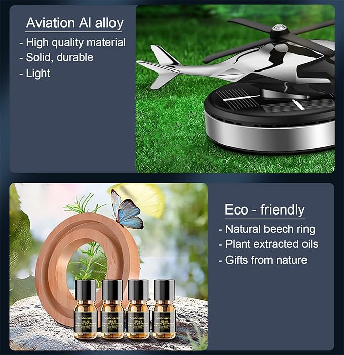 Car Air Freshener, Helicopter Solar Energy Rotating Aromatherapy Aviation Al Alloy Diffuser, Interior Decoration Accessories Diffuser for Car and Home (Silver)