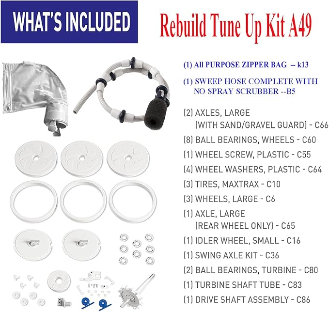 ATIE Pool Cleaner Tune Up Rebuild Kit A49 Compatible with Polaris 280, TR28P Pool Cleaner with Wheel, Tire, Drive Shaft, Turbine Bearing, All Purpoe Bag, Sweep Hose, Wheel Bearing, Tailsweep Pro