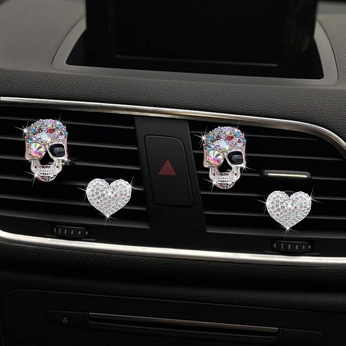 4 Pcs Crystal Skull Car Air Fresheners Vent Clips, Rhinestone Diamond Car Decoration, Silver