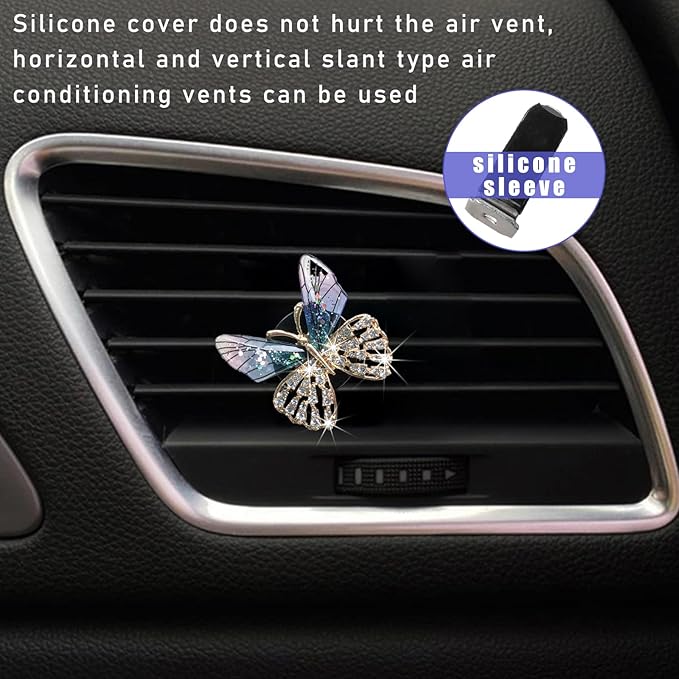 Augeny 2PCS Bling Butterfly Air Vent Clips, Cute Crystal Car Air Fresheners Vent Clips, Rhinestone Diamond Auto Diffuser Vent Clip for Women Girls, Car Interior Decor Accessories (Blue)