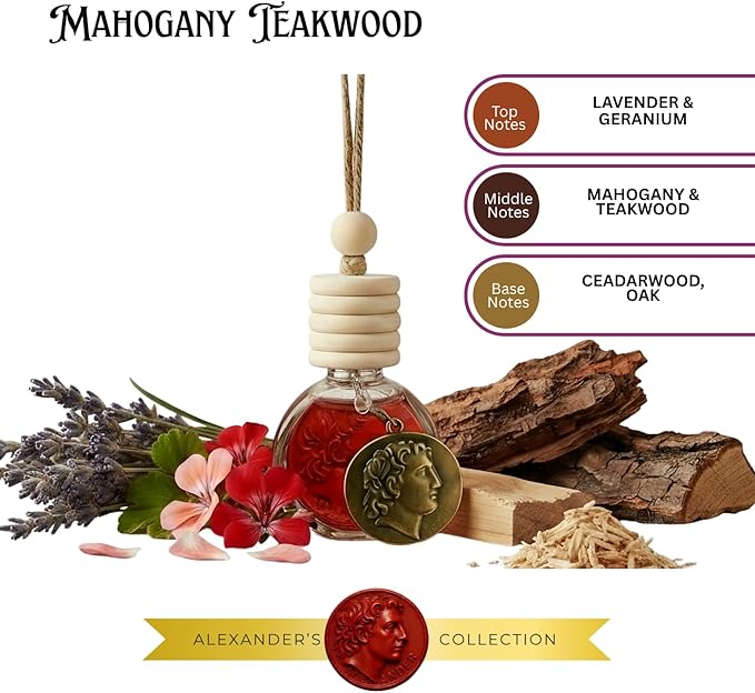 Mahogany Teakwood Luxury Car Air Freshener - Rich Scent Inspired by Classic Teakwood, Long-Lasting 100% Essential Oils, Made in USA - Includes Bronze Alexander Coin Charm by House Of Olympus