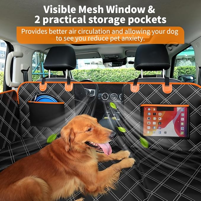 KYG Back Seat Extender for Dogs, Hard Bottom Dog Car Seat Cover for Back Seat Waterproof with Mesh Window and Storage Pocket, Dog Hammock for Cars & SUVs