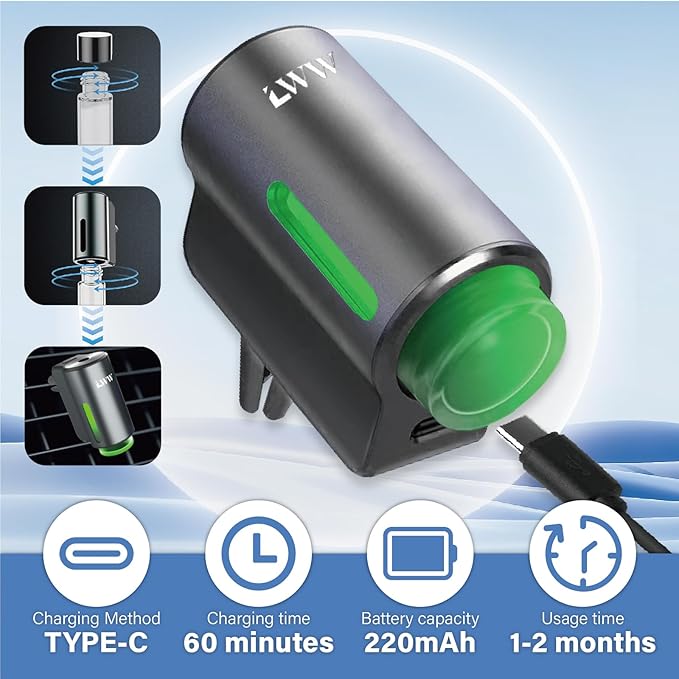 Car Air Freshener - Smart Adjustable 3-Speed Intensity, Rechargeable Humidifier Car Essential Oil Diffuser - Comes with 8 Bottles of 10ml Perfume (Gray)