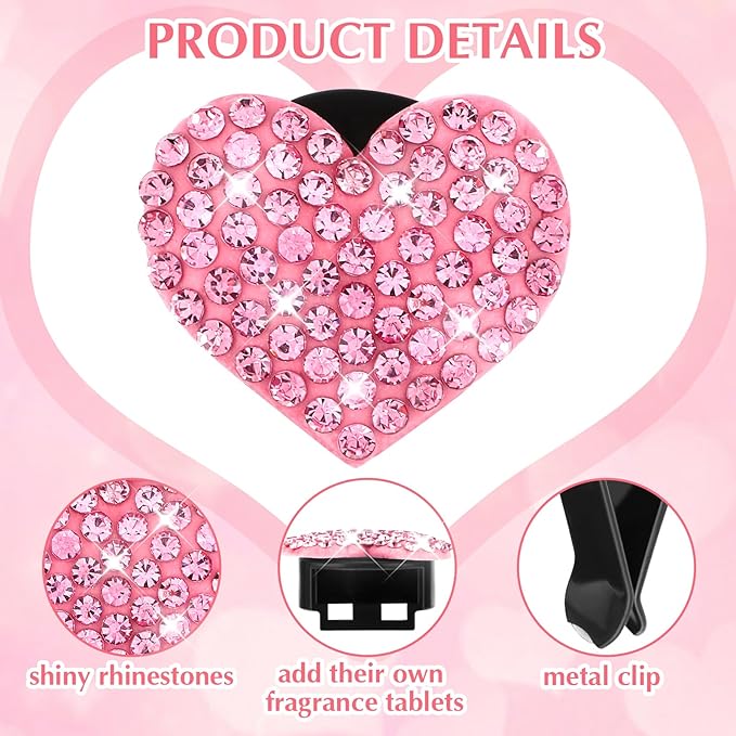 Ouligay 4Pcs Car Air Vent Clip Bling Car Air Freshener Outlet Clip Crystal Heart Shape Decorative for Women