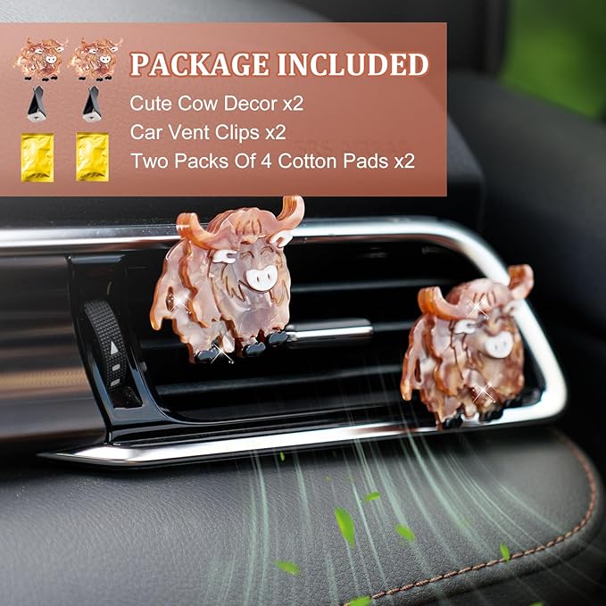 Cute Highland Cow Air Freshener Vent Clip, 2PCS Car Vent Clips Decor, Air Diffuser Clips, Highland Cow Car Interior Decor Accessories