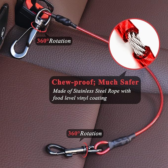 VIVAGLORY Dog Seat Belt Tuffbelt Dog Car Harness, Seatbelt with Clip & Hook for Car Travel, Chew Proof Anti Chew Unchewable Metal Safety Tether Restraint, S, Red