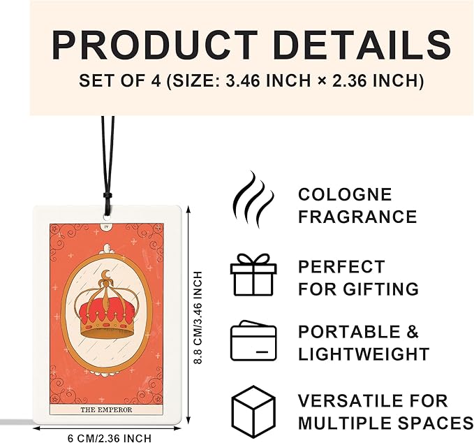 Vintage Boho Witchy Tarot Card Car Air Freshener 4 Pcs, THE EMPEROR EMPRESS FOOL HANGEDMAN Tarot Card Air Freshener Hanging for Cars Books Closet Drawer, Witchy Car Accessories for Women Men