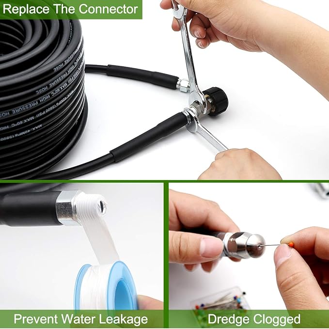 West Bay 200FT Sewer Jetter Kit for Pressure Washer, 5800PSI Drain Cleaner Hose 1/4 Inch NPT, Corner, Rotating and Button Nose Sewer Jetting Nozzle Waterproof Tape Pearl Corsage Pin with 2Pcs Spanner