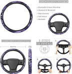 FKELY Purple Skull Car Seat Covers - Full Set for Women - Floral Foiled with Headrest & Gear Shift Cover, Steering Wheel Cover, Handbrake & Cup Coasters