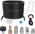 50FT Sewer Jetter Kit for Pressure Washer, 5800 PSI Water Jet Drain Cleaner Hose With Corner Rotating Button Nose Nozzle, 1/4 Inch NPT, Spanner Handle and Strap