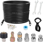 50FT Sewer Jetter Kit for Pressure Washer, 5800 PSI Water Jet Drain Cleaner Hose With Corner Rotating Button Nose Nozzle, 1/4 Inch NPT, Spanner Handle and Strap