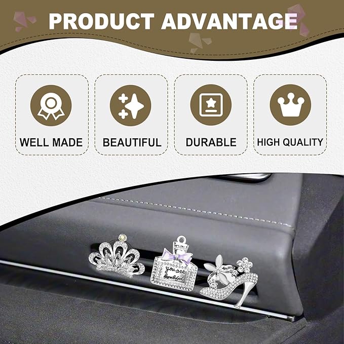 4PCS Bling Air Freshener Vent Clip, Crystal Rhinestone Heels Bag Crown Perfume Bottle Dashboard Air Vent Trim Clips, Cars Accessories Interior Decor (Sliver)