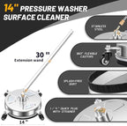 14" Pressure Washer Surface Cleaner with 4 Wheels - Stainless Steel Surface Cleaner for Pressure Washer Attachment for Concrete, Patio, Sidewalk, Deck and Driveways - PWS14