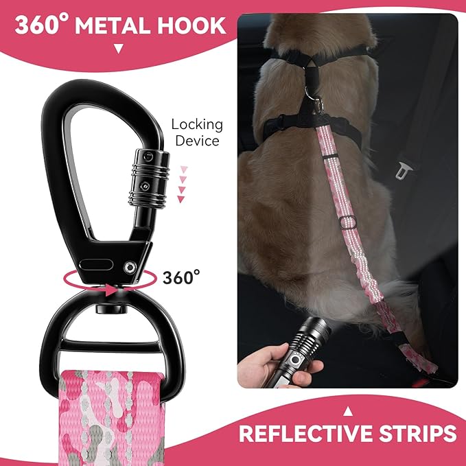 Pawaboo Dog Car Seat Belt– Reflective & Adjustable Dogs Cars Harness Leash with 360° Lockable Buckle, Shockproof Dogs Tether Bungee for Safe Travel, Pink Camouflage