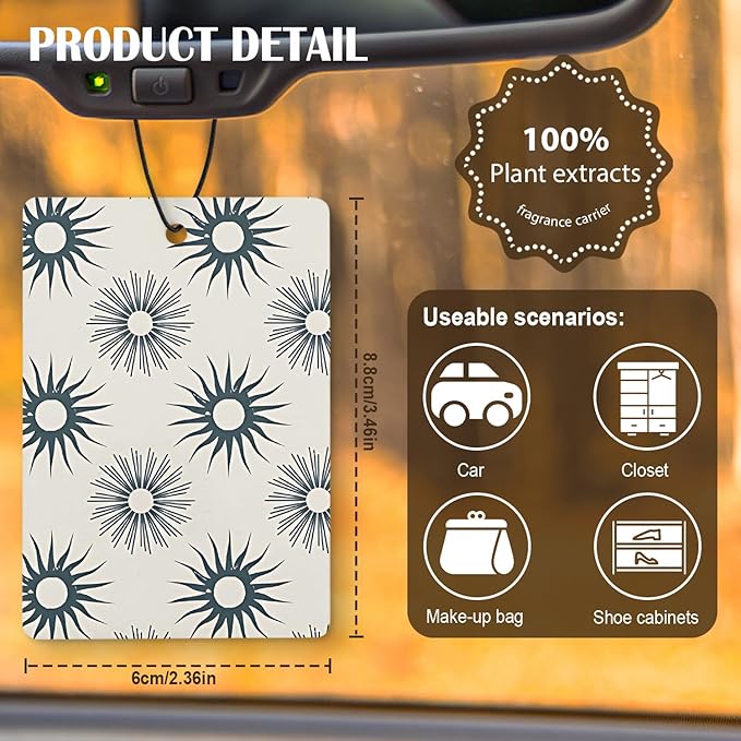 Blue Boho Car Air Freshener 4 Pcs, Abstract Mid-Century Sunrise Floral Hanging Air Freshener for Cars Closet Drawer Books, Boho Car Accessories for Women