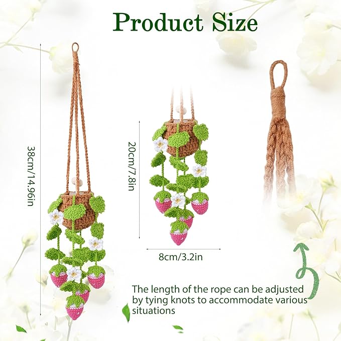 Crochet Car Air Freshener, 8ml Empty Refillable Oil Diffuser Bottle with Hanging Crochet Pink Strawberry Plant & Hanging Tools, Car Rearview Mirror Diffuser for Wall Art & Home & Office Decoration