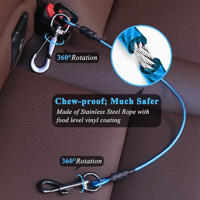 VIVAGLORY Dog Seat Belt Tuffbelt Dog Car Harness, Seatbelt with Clip & Hook for Car Travel, Chew Proof Anti Chew Unchewable Metal Safety Tether Restraint, XS, Blue