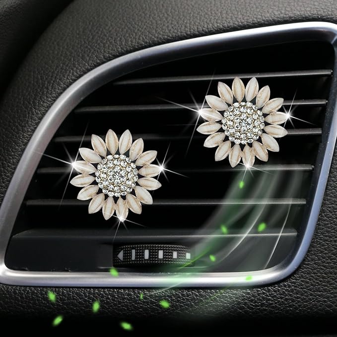 Sunflower Air Vent Clips Car Accessories Bling Sunflower Air Freshener Outlet Clips for Women Car Interior Decorations Cute Flowers Cars Clips Air Fresheners Interior Accessories (2, Beige)