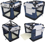 EliteField 4-Door Folding Soft Dog Crate with Curtains, Carrying Bag and Fleece Bed (2 Year Warranty), Indoor & Outdoor Pet Home (36" L x 24" W x 28" H, Navy Blue +Gray)