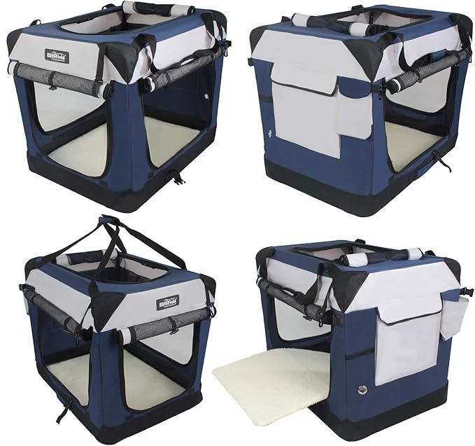 EliteField 4-Door Folding Soft Dog Crate with Curtains, Carrying Bag and Fleece Bed (2 Year Warranty), Indoor & Outdoor Pet Home (36" L x 24" W x 28" H, Navy Blue +Gray)