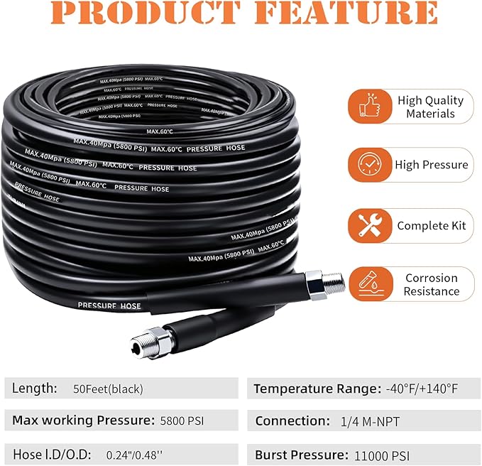 50FT Sewer Jetter Kit for Pressure Washer, 5800PSI Drain Cleaner Hose 1/4 Inch NPT Corner, Rotating and Button Nose Sewer Jetting Nozzles, Waterproof Tape and 2 Spanners (Black)
