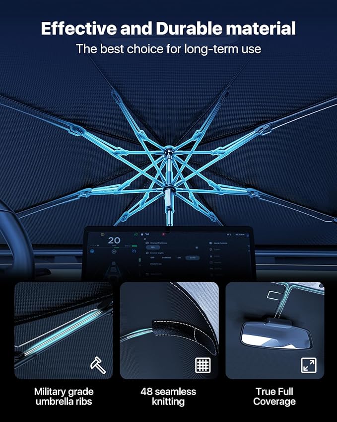 Windshield Sun Shade Umbrella – Custom-Fit for Model 3 (2017–2025), Vinyl Coating Heat Shield, 99% UV Blocking, Protects Touchscreen & Interior, Ice Crystal Cooling Material