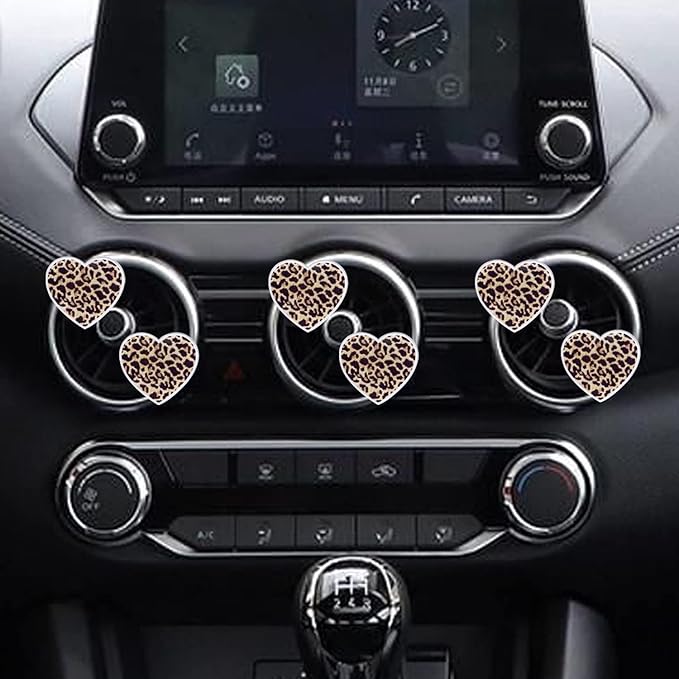 6Pcs Leopard Heart Car Air Freshener Clips - Fashion Animal Print Vent Decor Accessories, Long-Lasting Scent Diffusers for Women Girls, Cute Auto Interior Charms