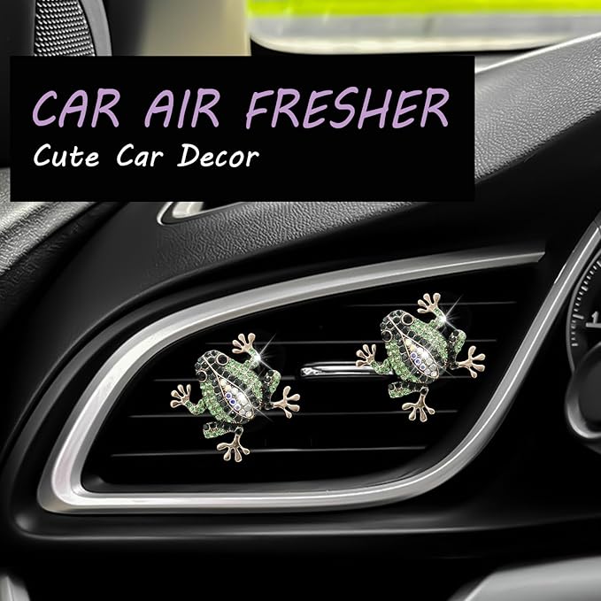 Frog Car Decor,2pcs Cute Tree Frog Air Vent Clips Car Air Fresheners,Bling Rhinestone Animal Dashboard Decoration Accessories for Women,Refillable Aroma Diffuser