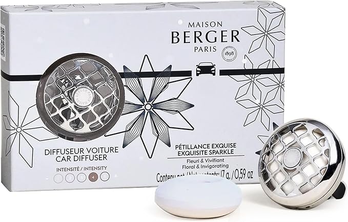 Maison Berger Car Diffuser Set Rosalie Exquisite Sparkle – Refillable Vent Clip with Ceramic Refill, Passive Diffusion, Festive Fresh Scent, Made in France, Luxury Auto Scent - 4-Week Diffusion