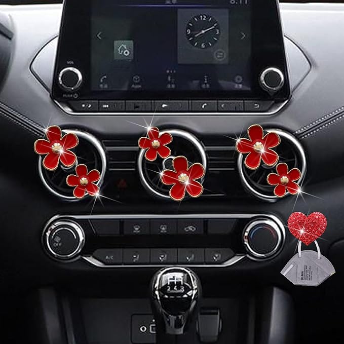 6 Pcs Flowers Air Vent Clips Red Daisy Car Air Freshener Vent Clips Cute Fower Accessories for Women Refillable Diffuser, Car Decoration + Red Heart Mask Hook